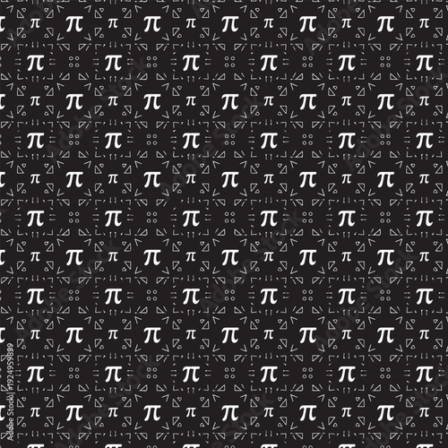 Seamless black and white Pi symbol mathematical pattern. Geometric background with Greek letter, dots, and abstract shapes.