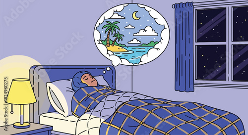 A peaceful bedroom scene with a man daydreaming of a tropical island