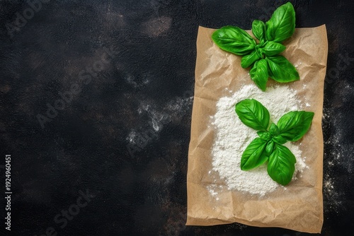 Fresh Basil Leaves on Flour Background for Cooking and Baking
