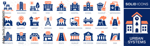 Urban infrastructure and public service icons in solid style. Icons representing city facilities, transport, utilities, and administration.