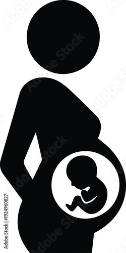 A black silhouette icon depicting a pregnant female with a visible unborn fetus inside her