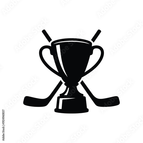 A trophy cup flanked by hockey sticks symbolizing victory and the sport of hockey isolated on white background, Vector, illustration