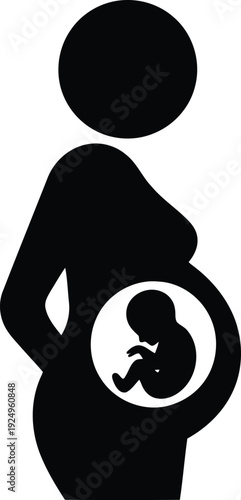 A black silhouette icon illustrating a pregnant woman with her unborn baby in profile