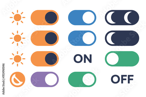 Colorful toggle switches representing on and off states with different icons isolated on white background, Vector, illustration