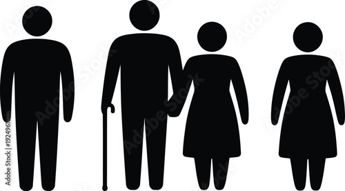 A collection of black silhouette icons depicting various human figures including men and women