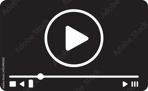 Media Player Screen with Play Button Black Icon,Video Streaming Interface Flat Vector Illustration