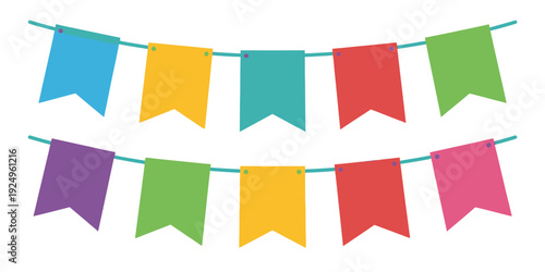 Colorful triangular pennant flags strung together in a festive garland arrangement isolated on white background, Vector, illustration