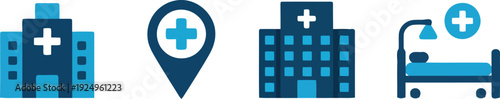 A collection of four textured blue medical icons depicting hospitals and patient care services