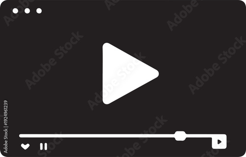 Media Player Screen with Play Button Black Icon,Video Streaming Interface Flat Vector Illustration