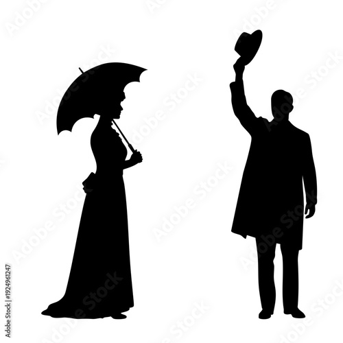 Victorian Couple Silhouette of a Gentleman Tipping Hat to Lady.