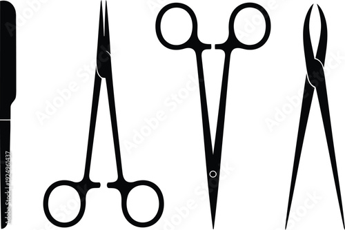 A collection of essential black medical and surgical instruments displayed as silhouettes on a clean white background