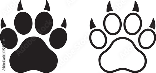 Paw Print Icon Set Black Silhouette and Outline,Animal Footprint Symbols Vector Pack Isolated
