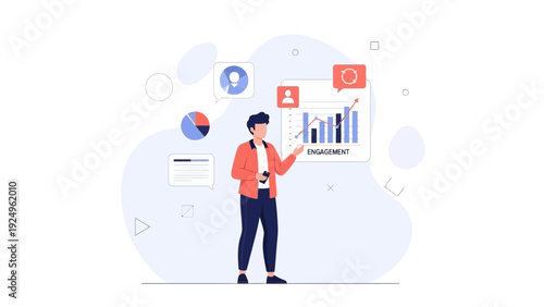 Man presenting business analytics chart with icons of idea, profile and chat