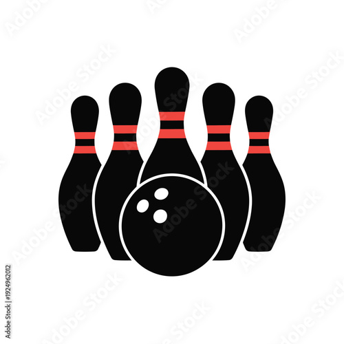 A set of bowling pins and a bowling ball arranged in a classic bowling setup isolated on white background, Vector, illustration