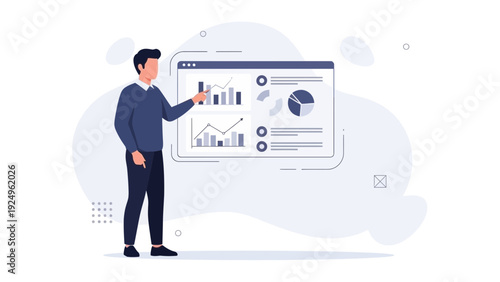 Man presenting business analytics charts and graphs on a digital screen