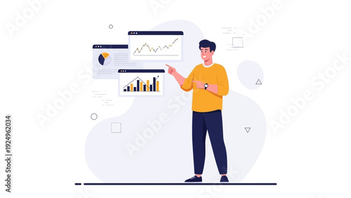 Man presenting business analytics charts and graphs on screens, data visualization concept