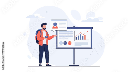Man presenting business charts and graphs on a whiteboard with backpack