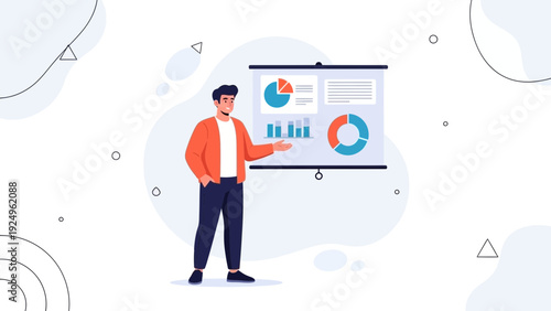 Man presenting business charts and graphs on a whiteboard, infographic