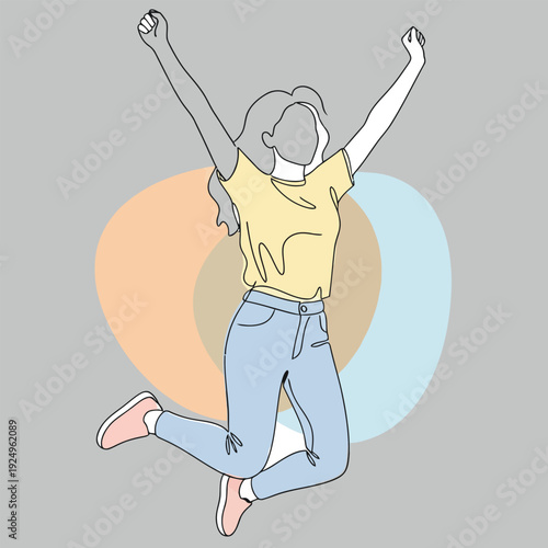 Woman jumping in air with arms raised in joy and freedom on colorful background