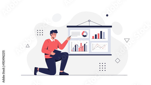 Man Presenting Business Statistics and Growth Charts on Whiteboard