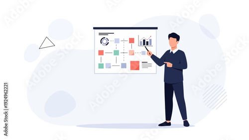 Man presenting business strategy on whiteboard with charts and diagrams