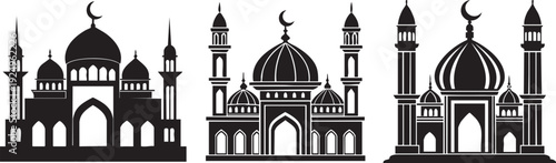 Minimal mosque masjid silhouette vector set with domes, minarets and crescent moon. Clean black Islamic architecture design for Ramadan, Eid, prayer themes, posters, logos, banners and backgrounds.
