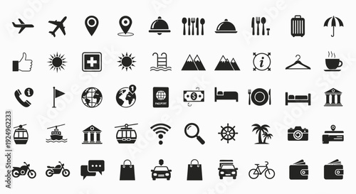 Large collection of travel, tourism, and general service icons in minimalist flat vector style. 