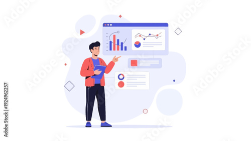 Man presenting data analytics and business growth chart on screen