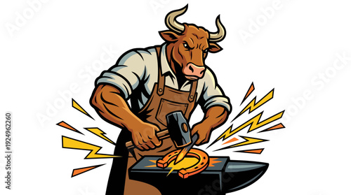 Powerful Bull Blacksmith Forging Horseshoe on Anvil with Hammer.