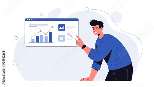 Man presenting data analytics on a digital screen, business growth concept