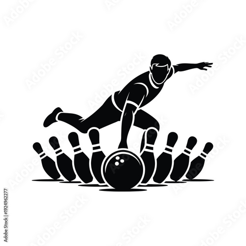 Dynamic bowler striking down pins in a bowling alley illustration isolated on white background, Vector, illustration