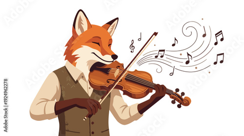 Charming Fox Musician Playing Violin with Joyful Melodies and Musical Notes.