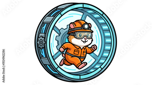 Cute Hamster Miner Running in a Hamster Wheel.