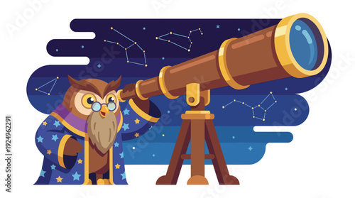 Wise Owl Astrologer Observing Celestial Bodies Through Telescope at Night.