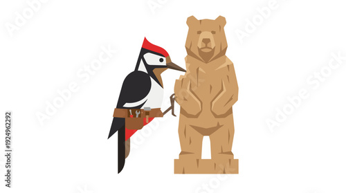 Woodpecker and Wooden Bear Carving on White Background.