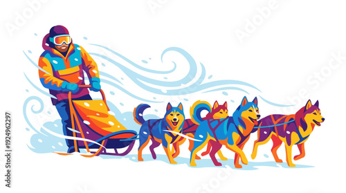 Vibrant Sled Dog Team and Musher in Dynamic Winter Scene.