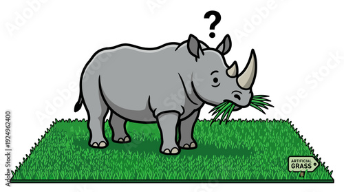 Confused Rhinoceros Eating Grass Cartoon Illustration.
