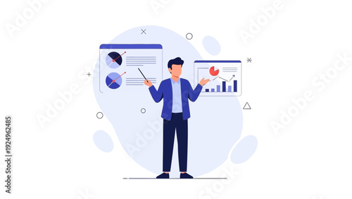 Man Presenting Financial Data and Charts on Screens