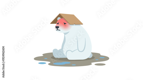 Sad Polar Bear with Cardboard Box on Head in Melting Puddle.