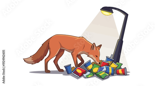 Urban Fox Foraging for Food Under a Streetlight at Night.