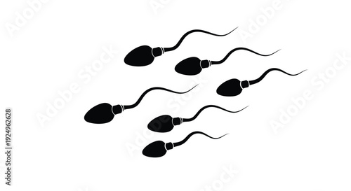 Black and white graphic illustration depicting multiple sperm swimming forward