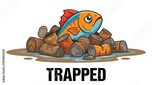 Sad Fish Trapped in Polluted Water with Barrels.