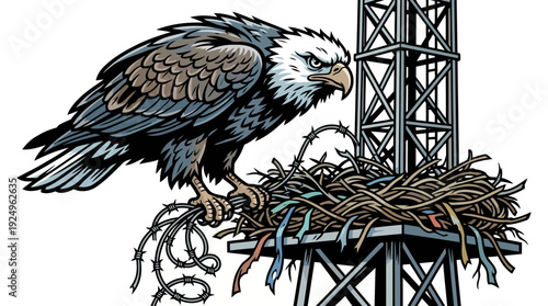 Bald Eagle Perched on Oil Rig Nest with Barbed Wire.