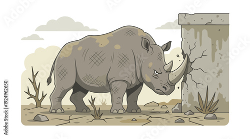 Powerful Rhinoceros Using Horn to Break Stone Wall.