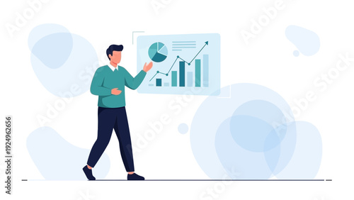 Man presenting financial growth chart and statistics on a digital screen
