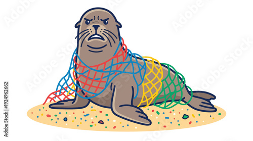 Sad Sea Lion Entangled in Discarded Fishing Net on Sandy Beach.