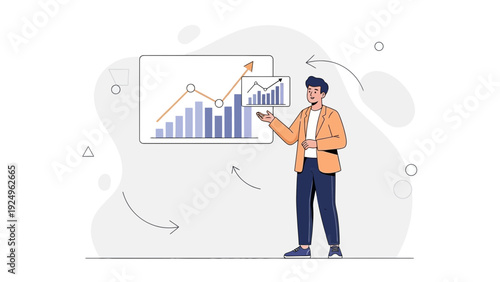 Man presenting financial growth chart with rising arrow and data analytics