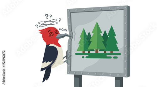 Confused woodpecker pecking at a forest sign, illustrating a humorous misunderstanding.