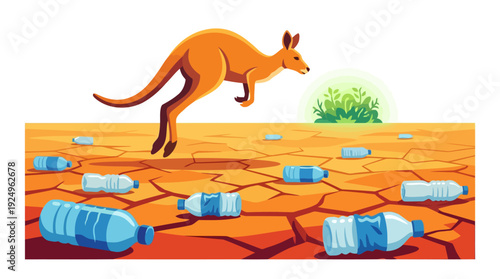 Kangaroo jumping over drought-stricken land with discarded plastic bottles.