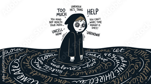 Person overwhelmed by negative thoughts and emotions, experiencing mental distress.